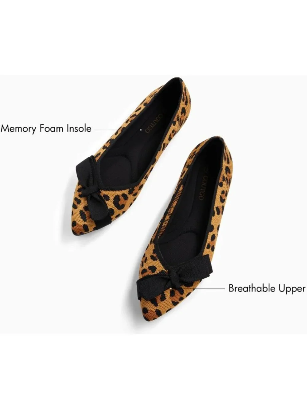 Coutgo Women's Leopard Rubber Knit Bow Pointed Toe Flat Breathable Slip On Shoes
